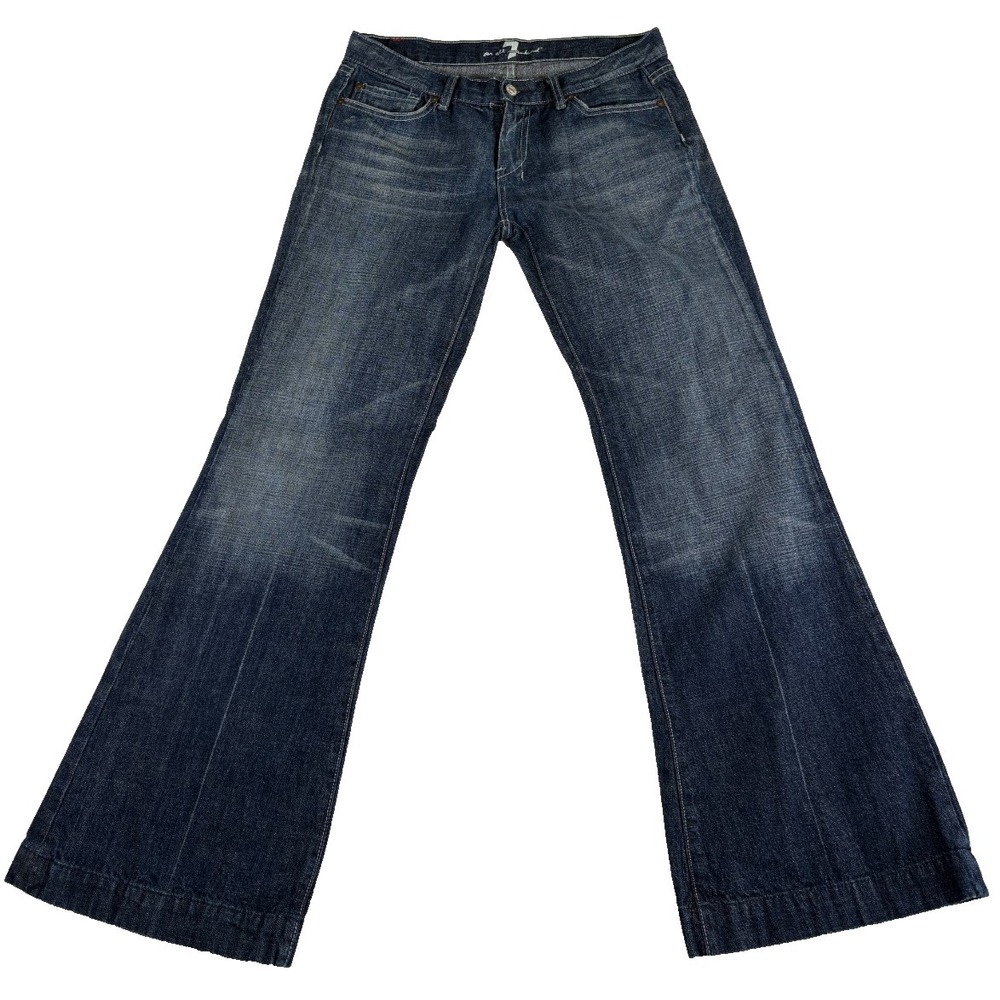 7 for All Mankind Flare Jeans Womens 31 Blue Denim Cotton Rhinestone Made in USA